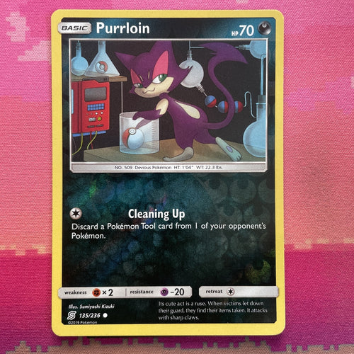 Pokemon Card Purrloin Unified Minds Reverse Holo 135/236 Near Mint