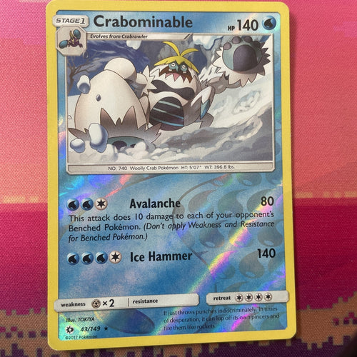 Pokemon Card Crabominable Sun & Moon Reverse Holo Rare 43/149 Near Mint