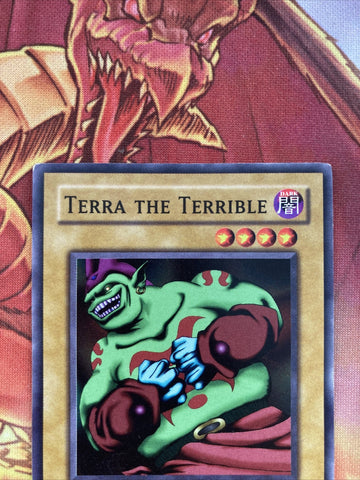 LOB-E063 YuGiOh Terra the Terrible 1st Edition Yugioh card (back)