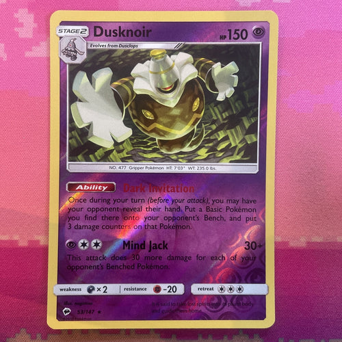 Pokemon Card Dusknoir Burning Shadows Reverse Holo Rare 53/147 Near Mint