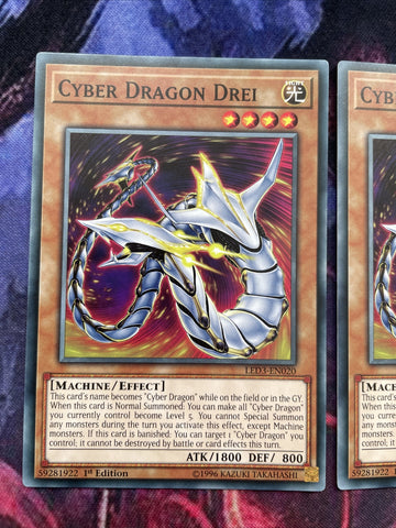 LED3-EN020 x3 Cyber Dragon Drei Common 1st Edition Mint YuGiOh Card (back)