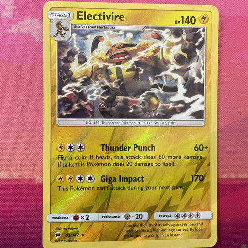 Pokemon Card Electivire Burning Shadows Reverse Holo Rare 43/147 Near Mint