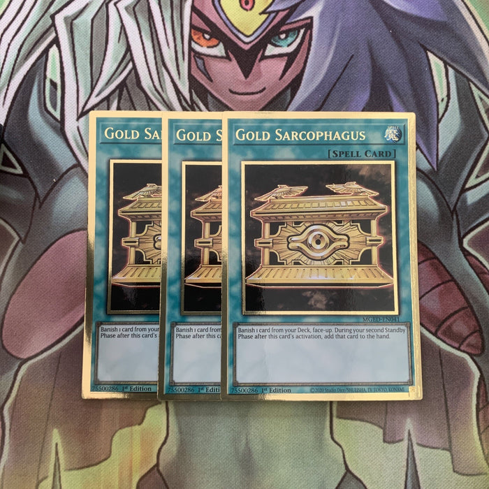 MGED-EN041 x3 Gold Sarcophagus Gold Rare Excellent Condition Yugioh