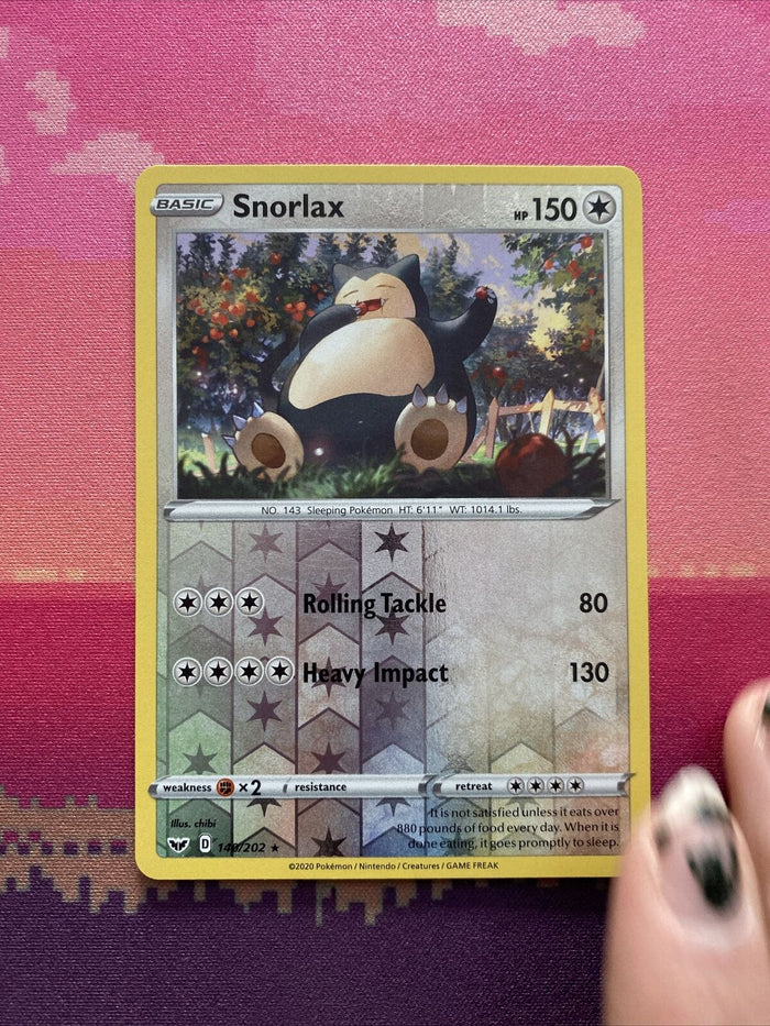 Pokemon Card Snorlax Sword & Shield Reverse Holo Rare 140/202 Near Mint