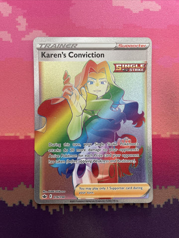 Pokemon Card Karen's Conviction 216/198 Rainbow Rare Chilling Reign Near Mint